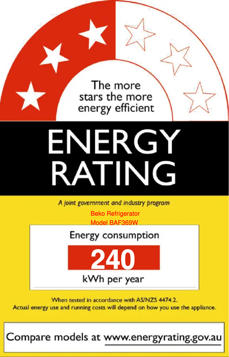 Page 1 de la notice Label énergétique Beko BAF369W