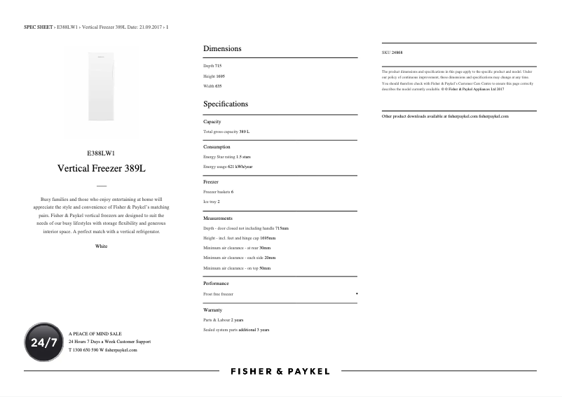 Página 1 del manual Ficha técnica Fisher & Paykel E388LW1