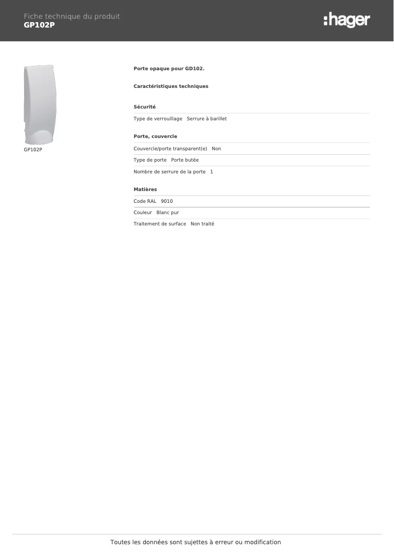 Page n°1 - Fiche technique Hager GP102P
