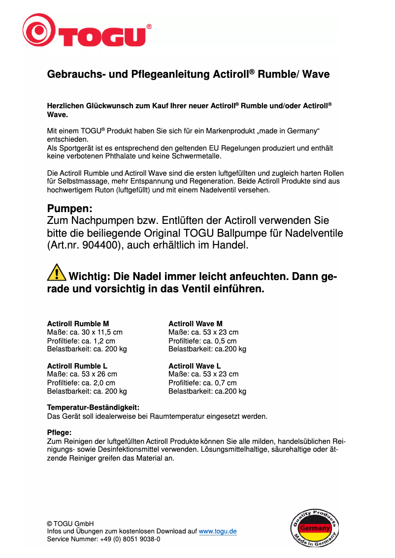 Page 1 de la notice Manuel utilisateur TOGU Actiroll Rumble M