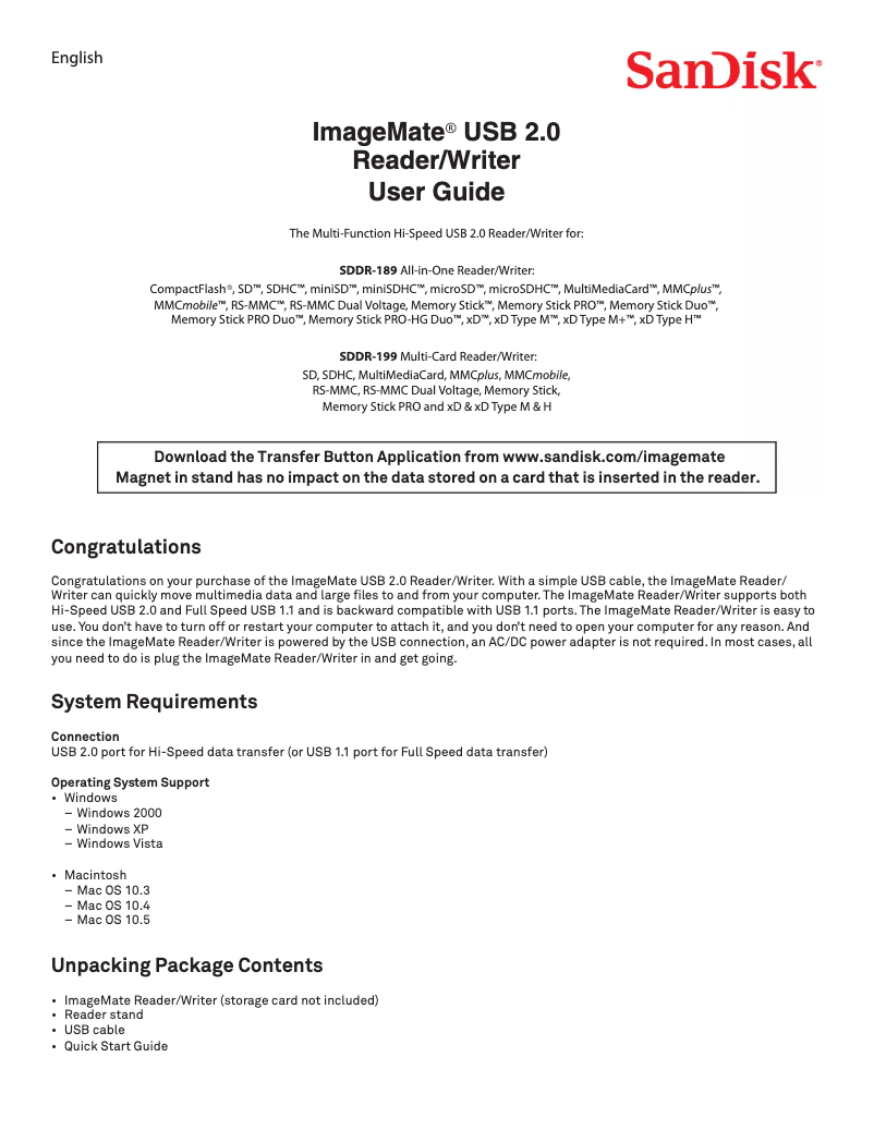 Image de la première page du manuel de l'appareil Imagemate Reader USB 3.0