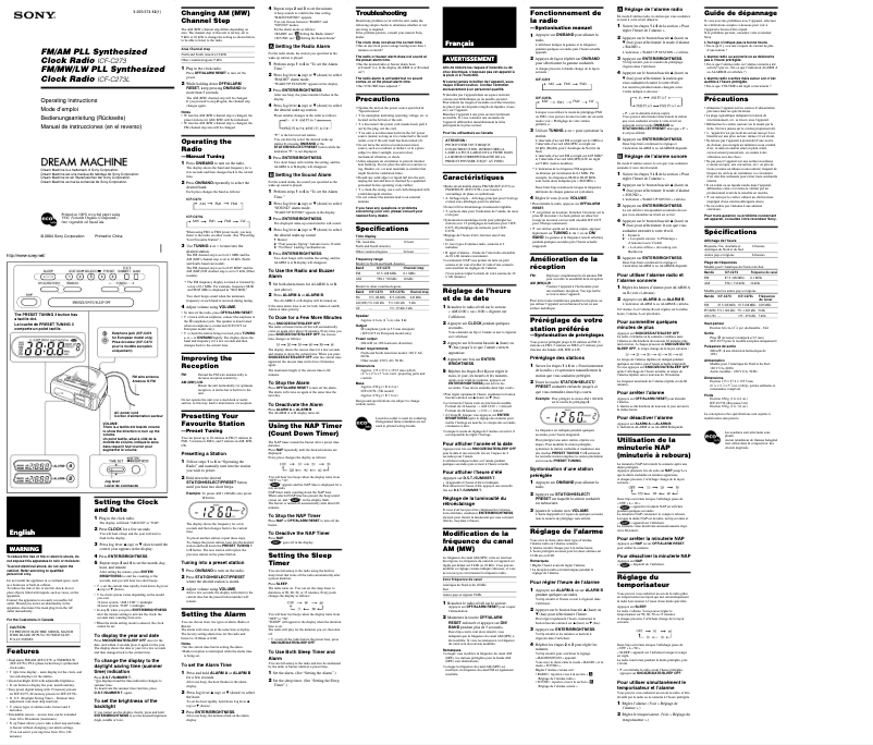 Page 1 de la notice Manuel utilisateur Sony Dream Machine ICF-C273L