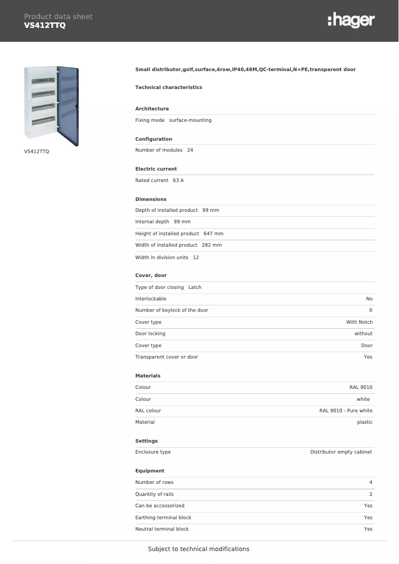 Page n°1 - Fiche technique Hager VS412TTQ