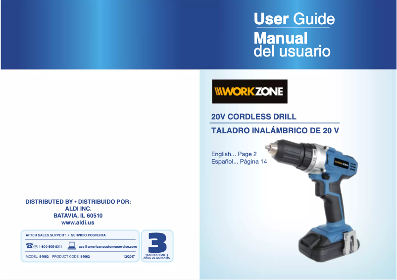 Page 1 de la notice Manuel utilisateur Workzone 20V Max Li-Ion Drill with 59 Pc Project Kit