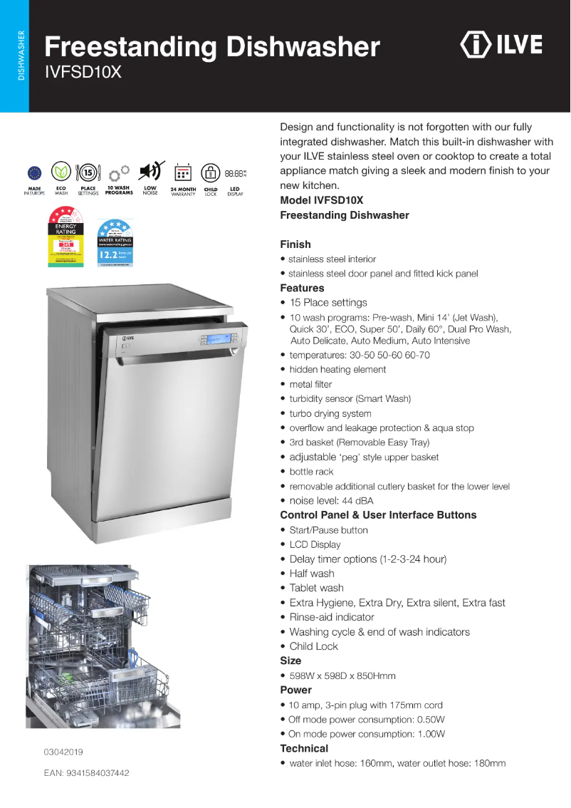 Page 1 de la notice Fiche technique Ilve IVFSD10X