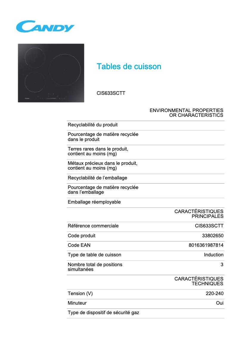 Page n°1 - Fiche technique Candy CIS633SCTT