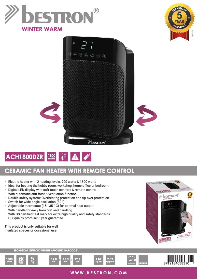 Page n°1 - Manuel utilisateur Bestron Winter Warm ACH1800DZR