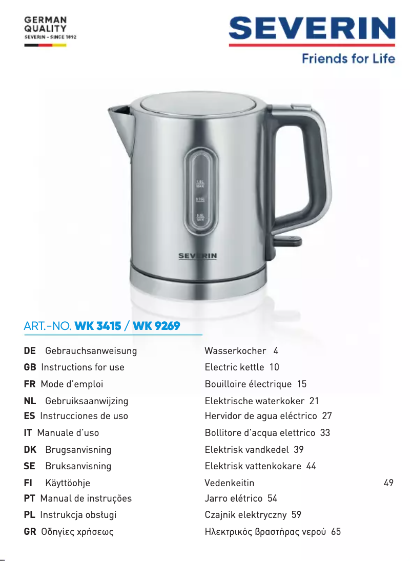 Page 1 de la notice Manuel utilisateur Severin WK 9269