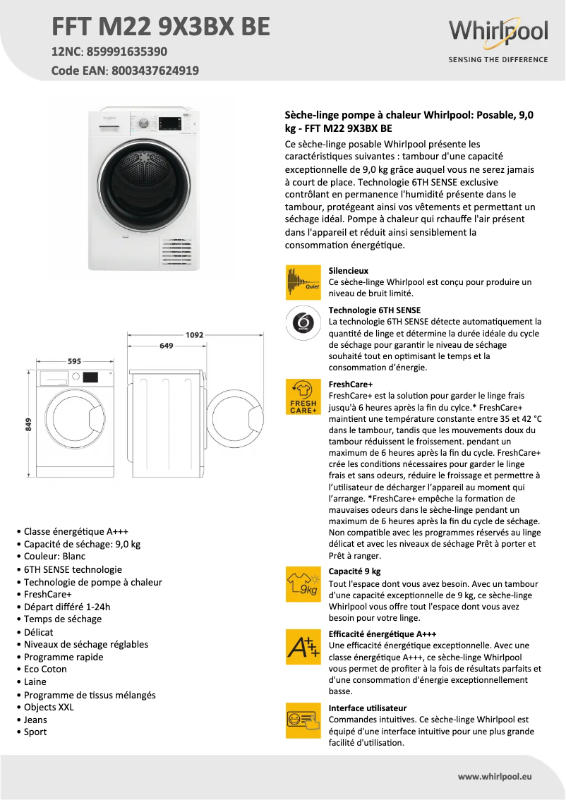 Page n°1 - Fiche technique Whirlpool FFT M22 9X3BX BE