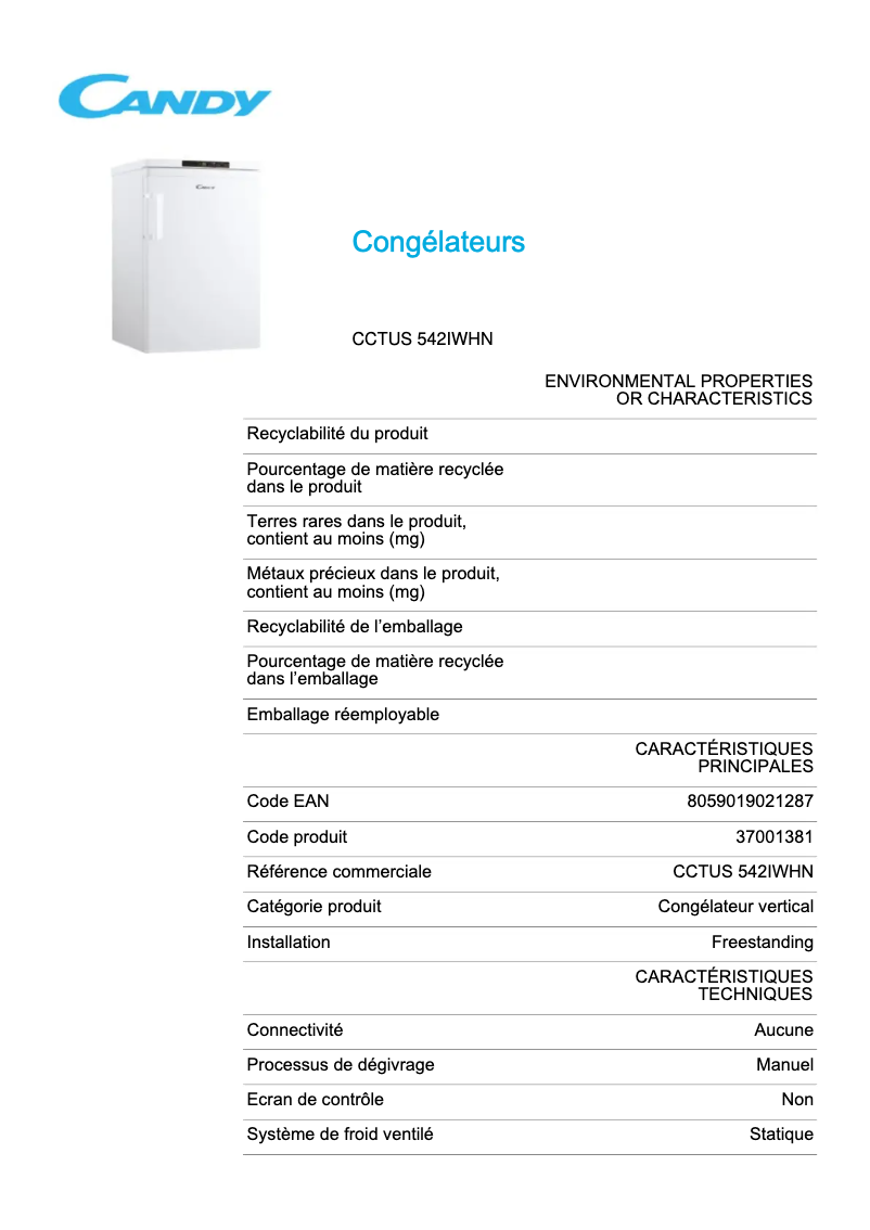 Page 1 de la notice Fiche technique Candy CCTUS 542IWHN