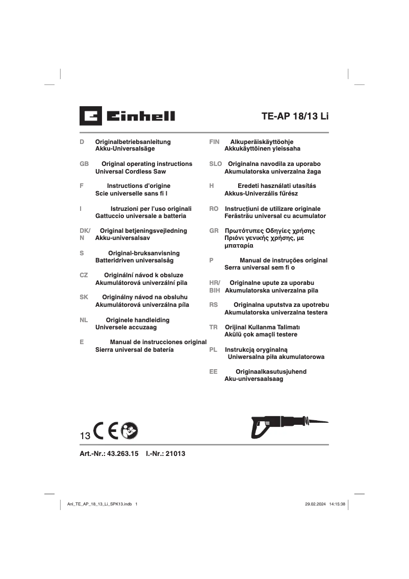 Page n°1 - Manuel utilisateur Einhell TE-AP 18/13 Li
