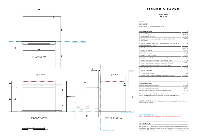 Page 1 de la notice Fiche technique Fisher & Paykel OB30SDPTB1