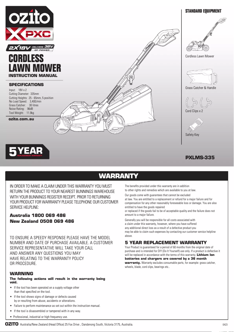 Page 1 de la notice Manuel utilisateur Ozito PXLMS-335