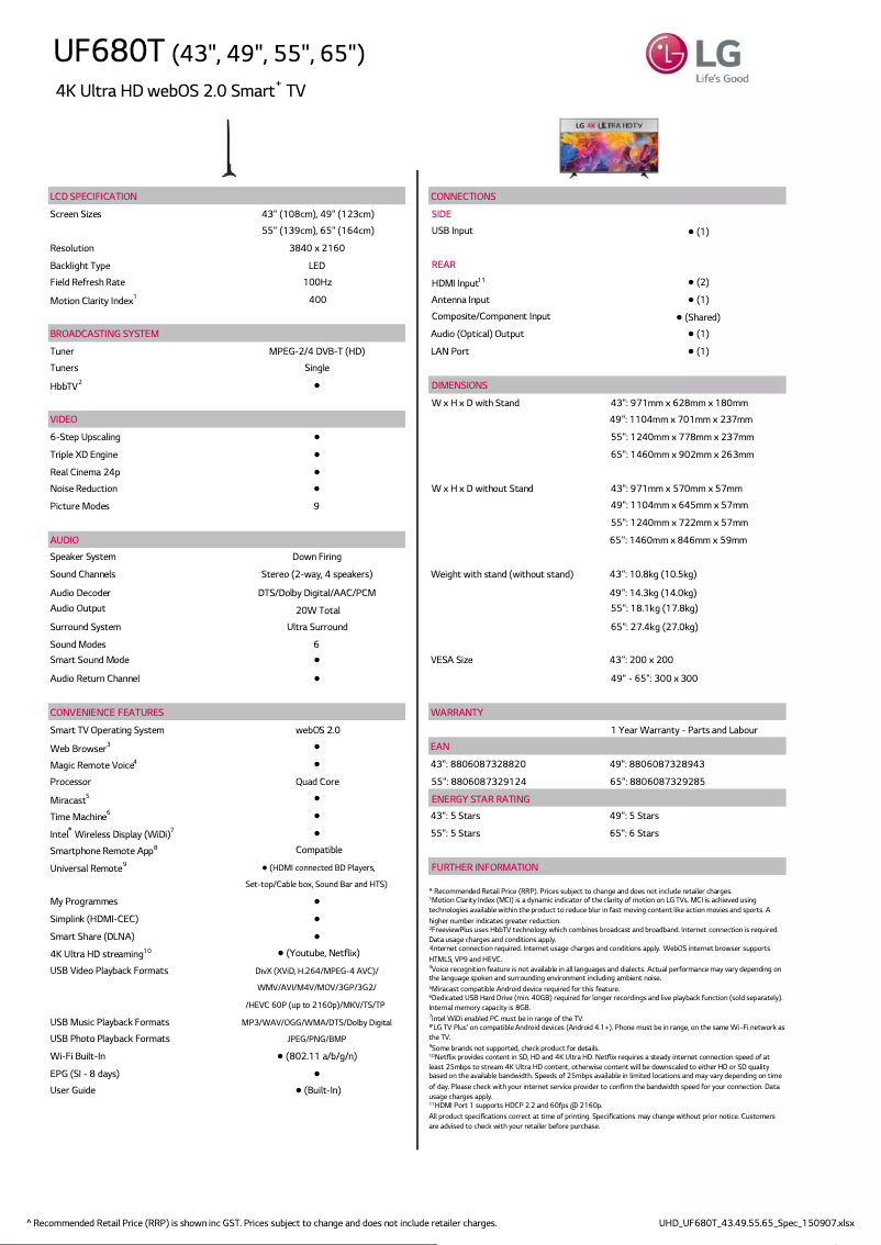 Page n°1 - Fiche technique LG 43UF680T