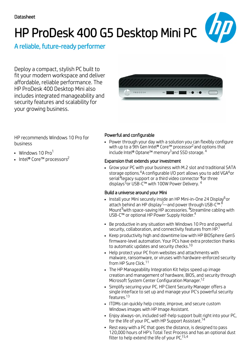 Page 1 de la notice Fiche technique HP Prodesk 400 G5