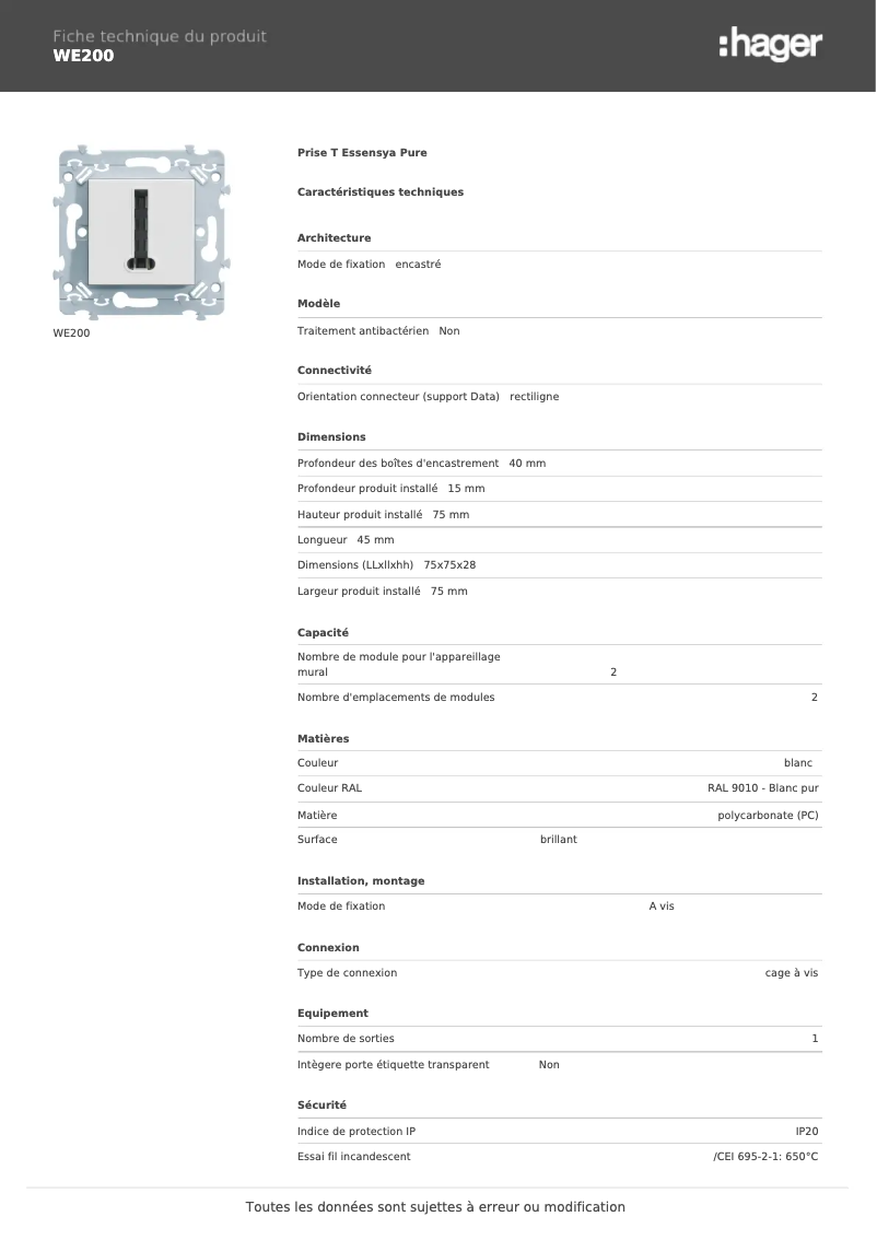 Page n°1 - Fiche technique Hager WE200