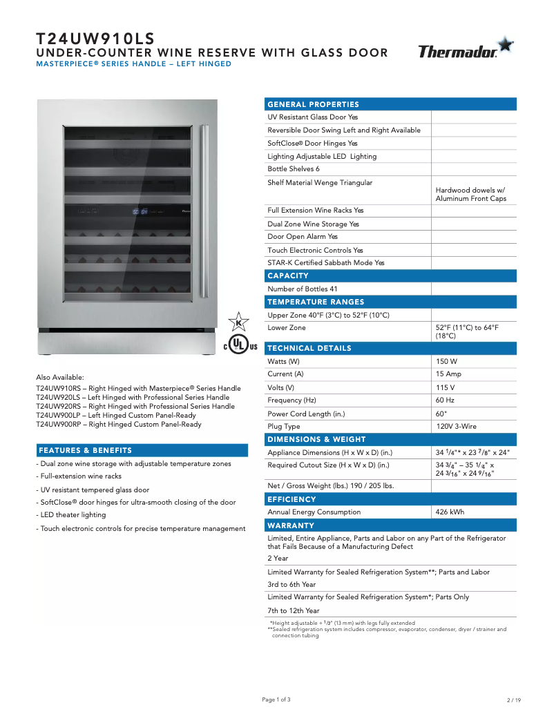 Página 1 del manual Ficha técnica Thermador T24UW910LS