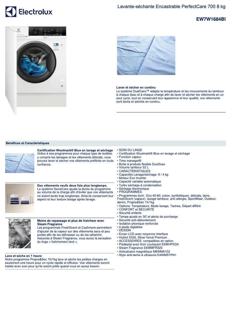 Page 1 de la notice Fiche technique Electrolux EW7W1684BI