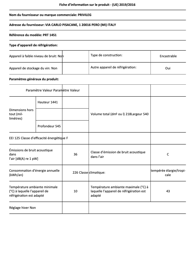 Page 1 de la notice Fiche technique Privileg PRT 14S1