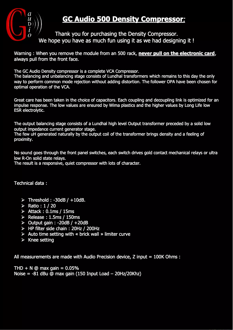 Image de la première page du manuel de l'appareil 500 Density Compressor