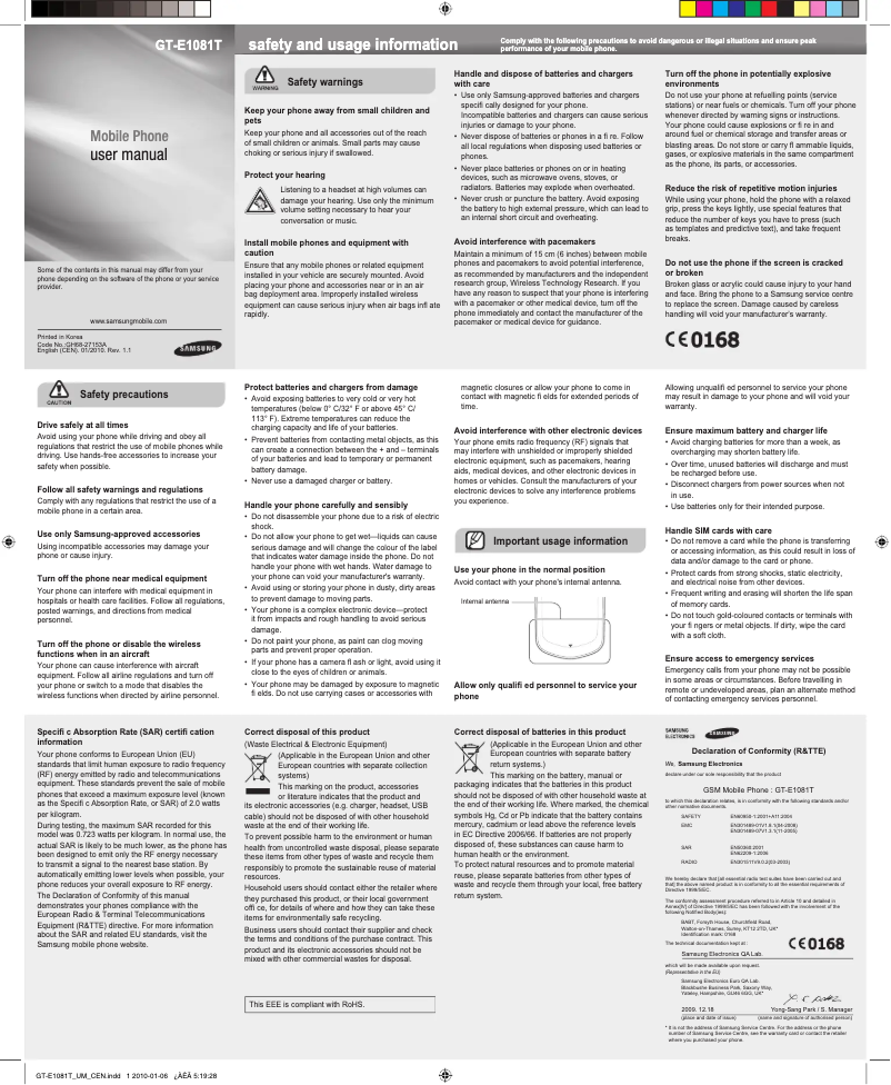 Page n°1 - Manuel utilisateur Samsung SGH-E1081T