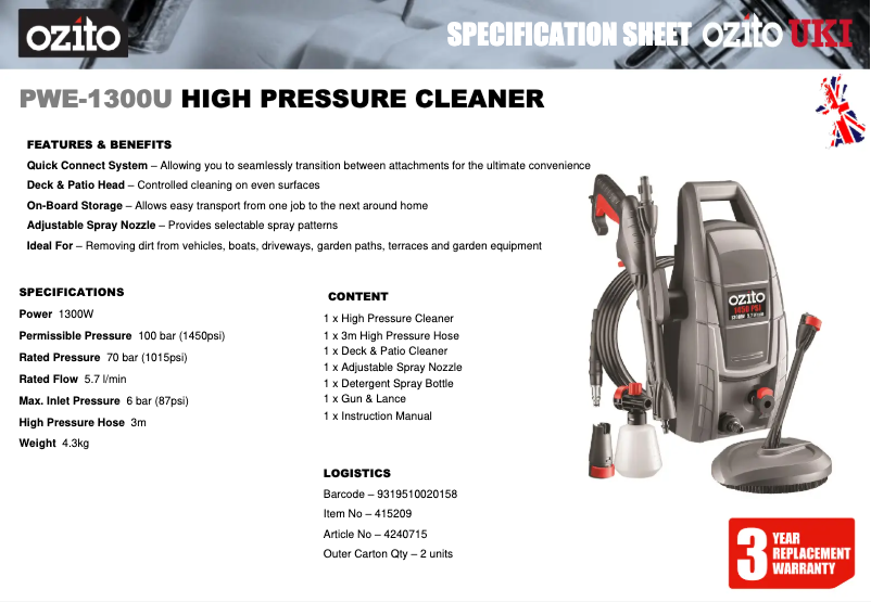 Page n°1 - Fiche technique Ozito PWE-1300U