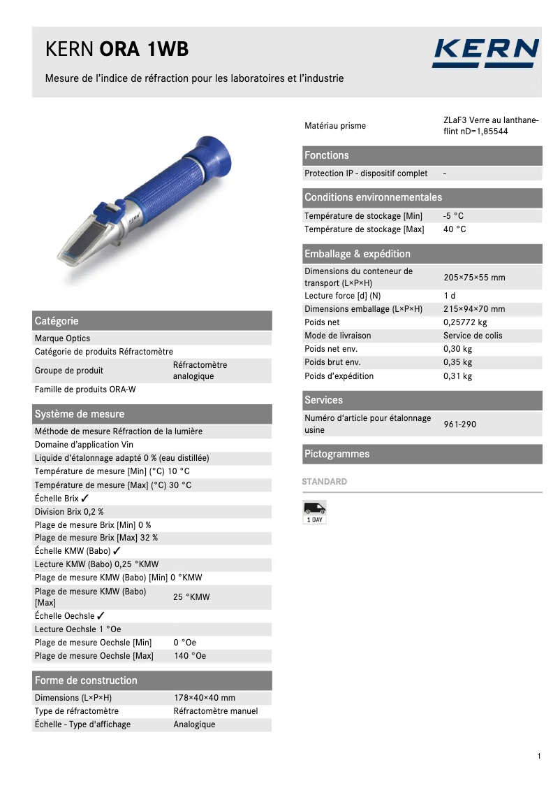 Page 1 de la notice Fiche technique Kern ORA 1WB