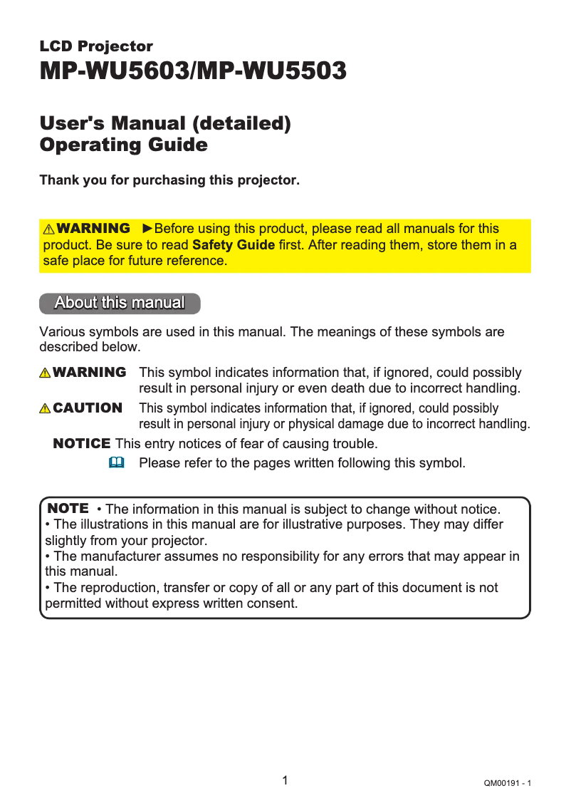 Page n°1 - Manuel utilisateur Hitachi MP- WX5603