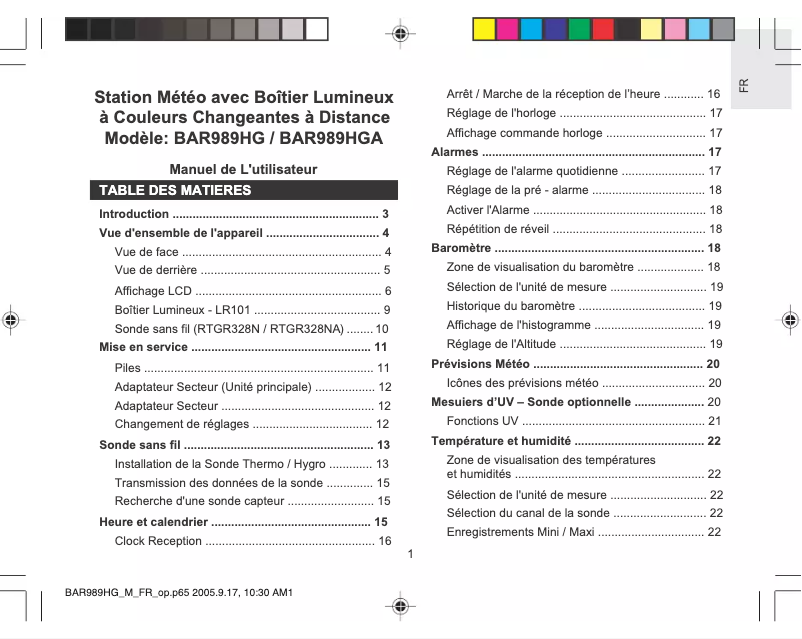 Page 1 de la notice Manuel utilisateur Oregon Scientific BAR989HG