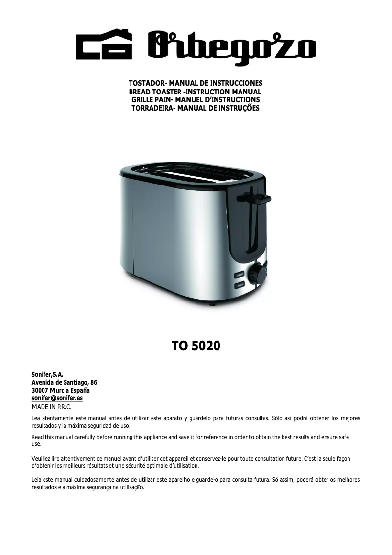 Page n°1 - Manuel utilisateur Orbegozo TO 5020