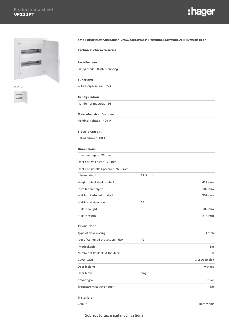 Page 1 de la notice Fiche technique Hager VF212PT