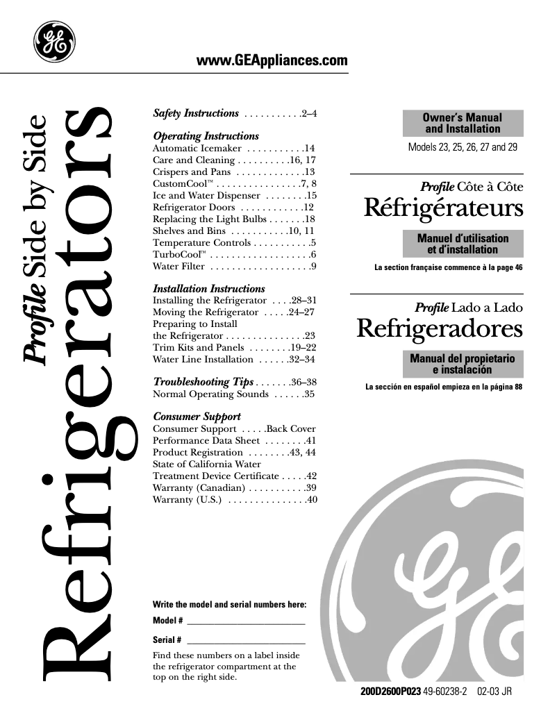 Page 1 de la notice Manuel utilisateur GE PSR26LGPBB