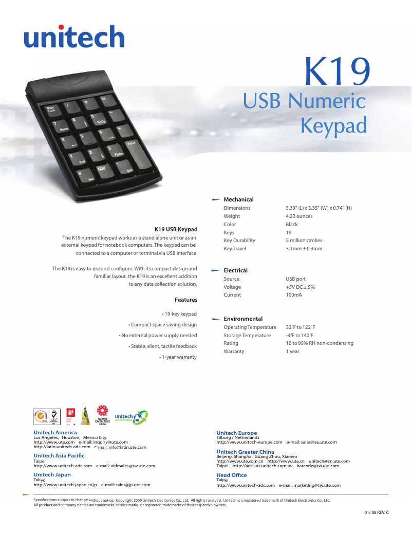 Página 1 del manual Manual de usuario Unitech K19 USB Keypad