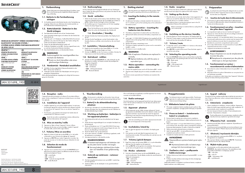 Page 1 de la notice Manuel utilisateur SilverCrest CD SPSS 125 A1