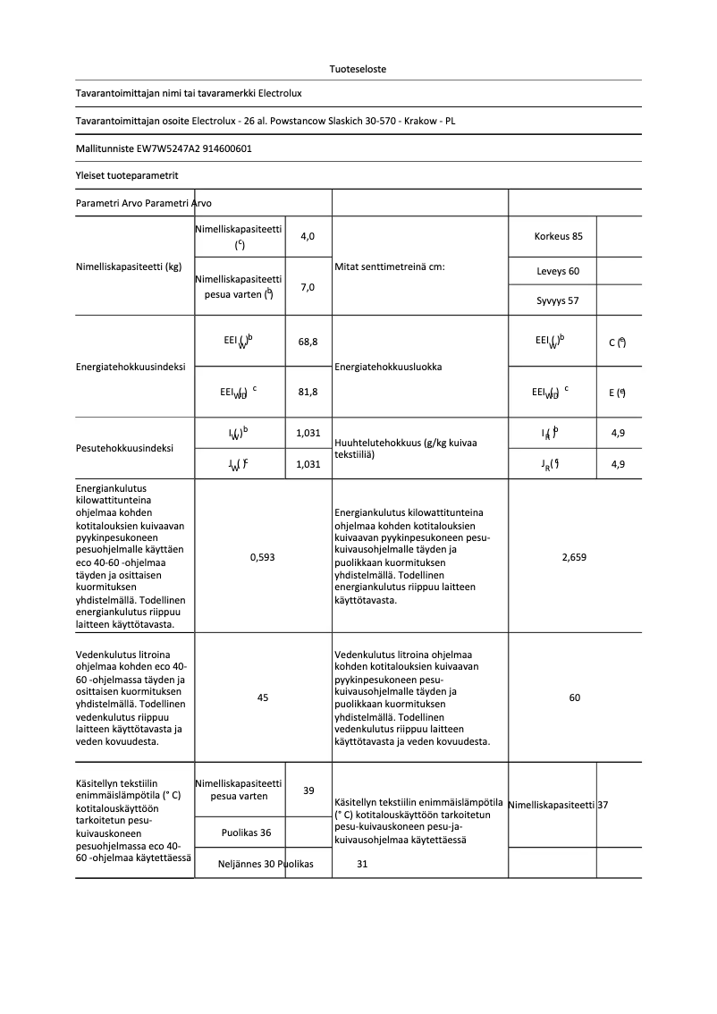Page n°1 - Fiche technique Electrolux EW7W5247A2
