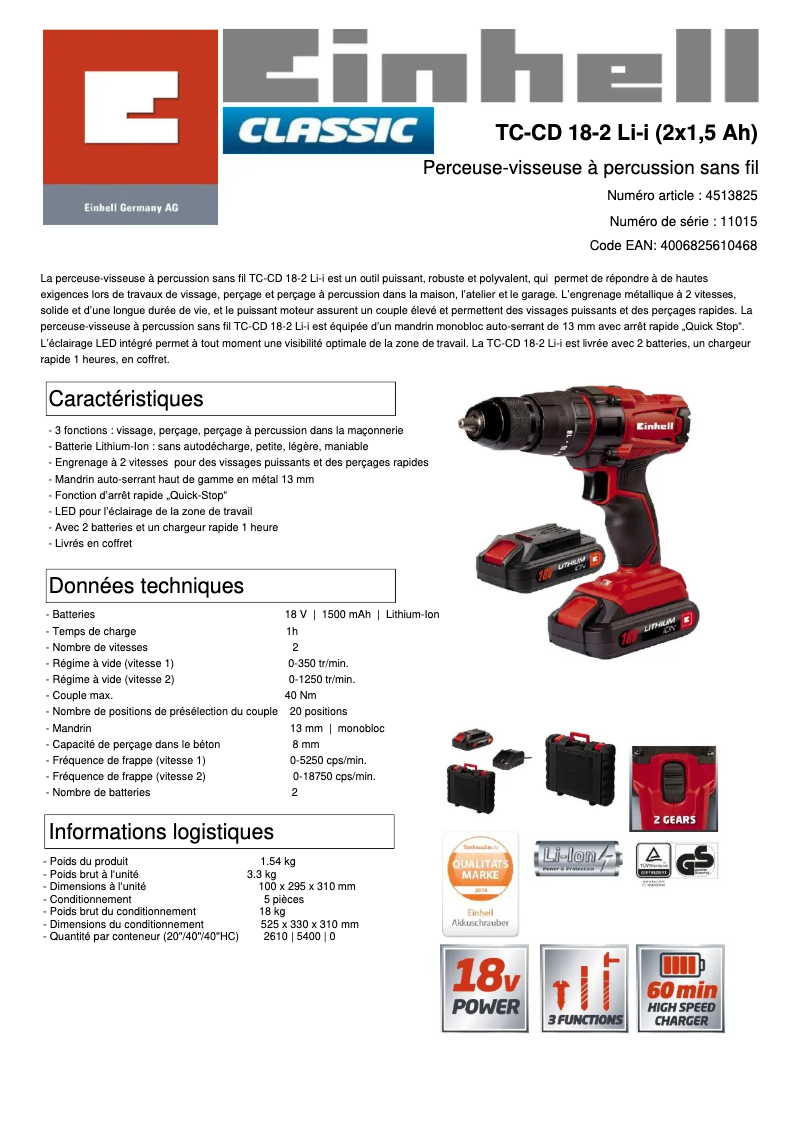 Page 1 de la notice Fiche technique Einhell TC-CD 18-2 Li-i