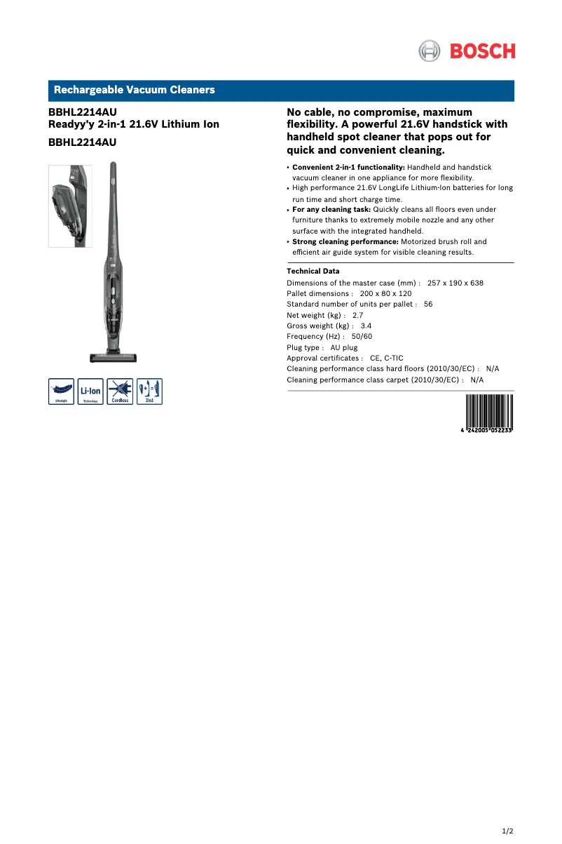 Page n°1 - Fiche technique Bosch Readyy'y Lithium BBHL2214AU