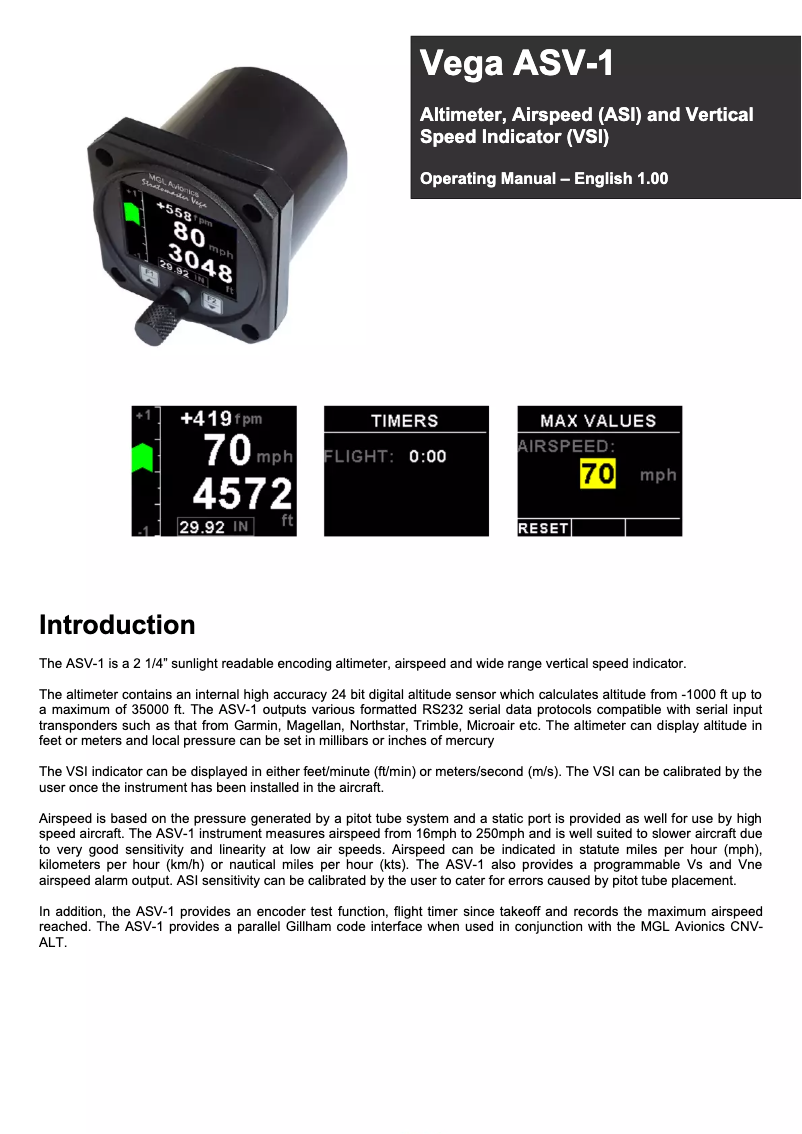 Page 1 de la notice Manuel utilisateur MGL Avionics ASV-1