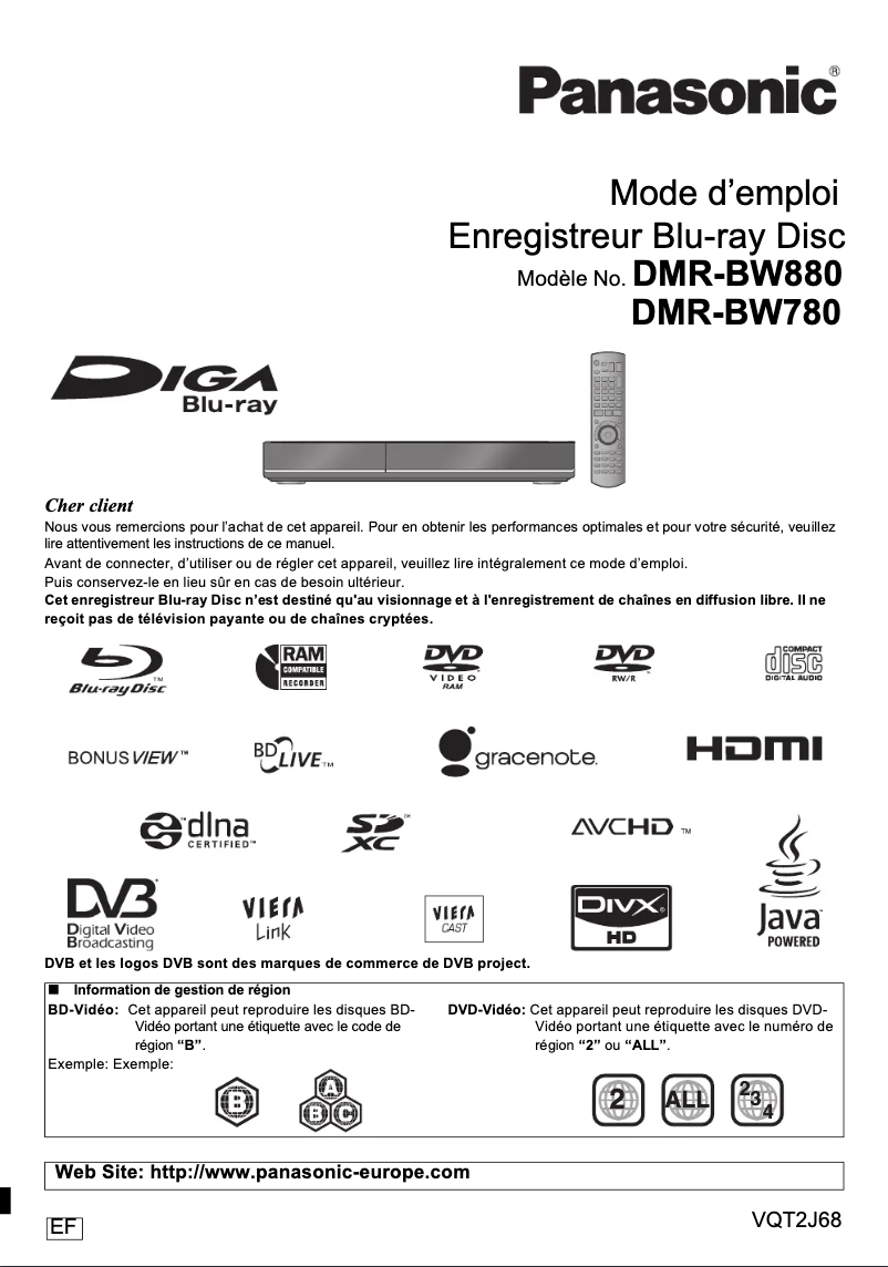 Image de la première page du manuel de l'appareil DMR-BW880