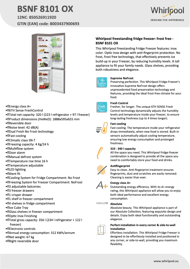 Page 1 de la notice Fiche technique Whirlpool BSNF 8101 OX