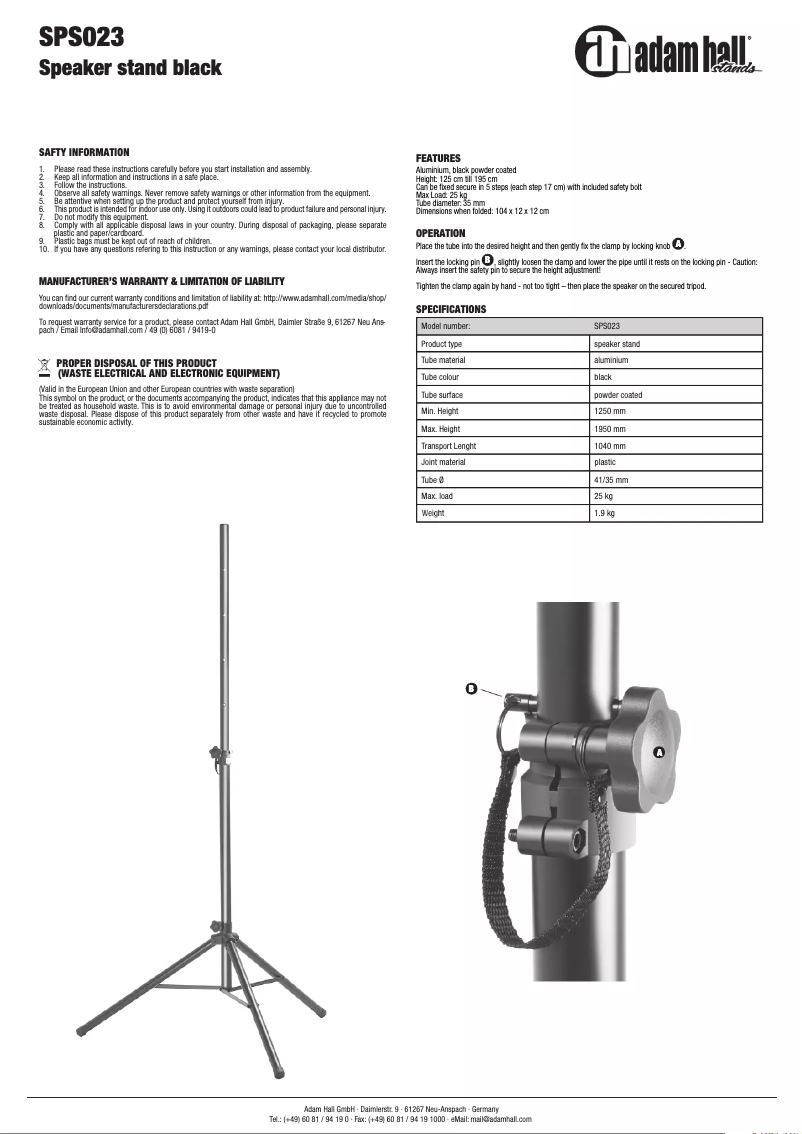 Page n°1 - Manuel utilisateur Adam Hall SPS023