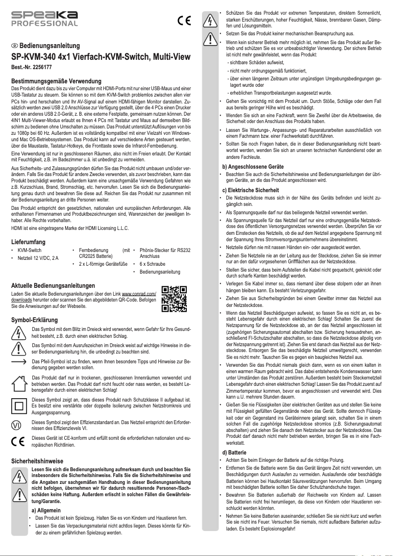 Page 1 de la notice Manuel utilisateur Speaka SP-KVM-340