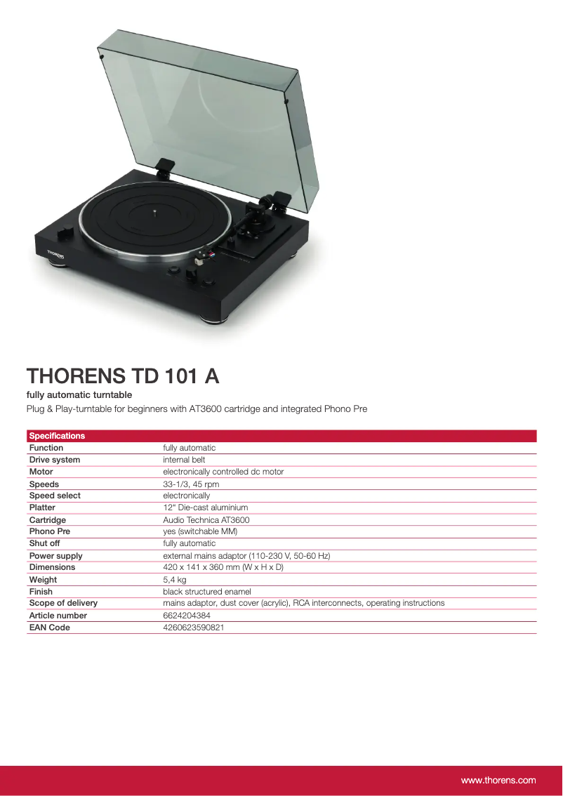 Page 1 de la notice Fiche technique Thorens TD 101 A