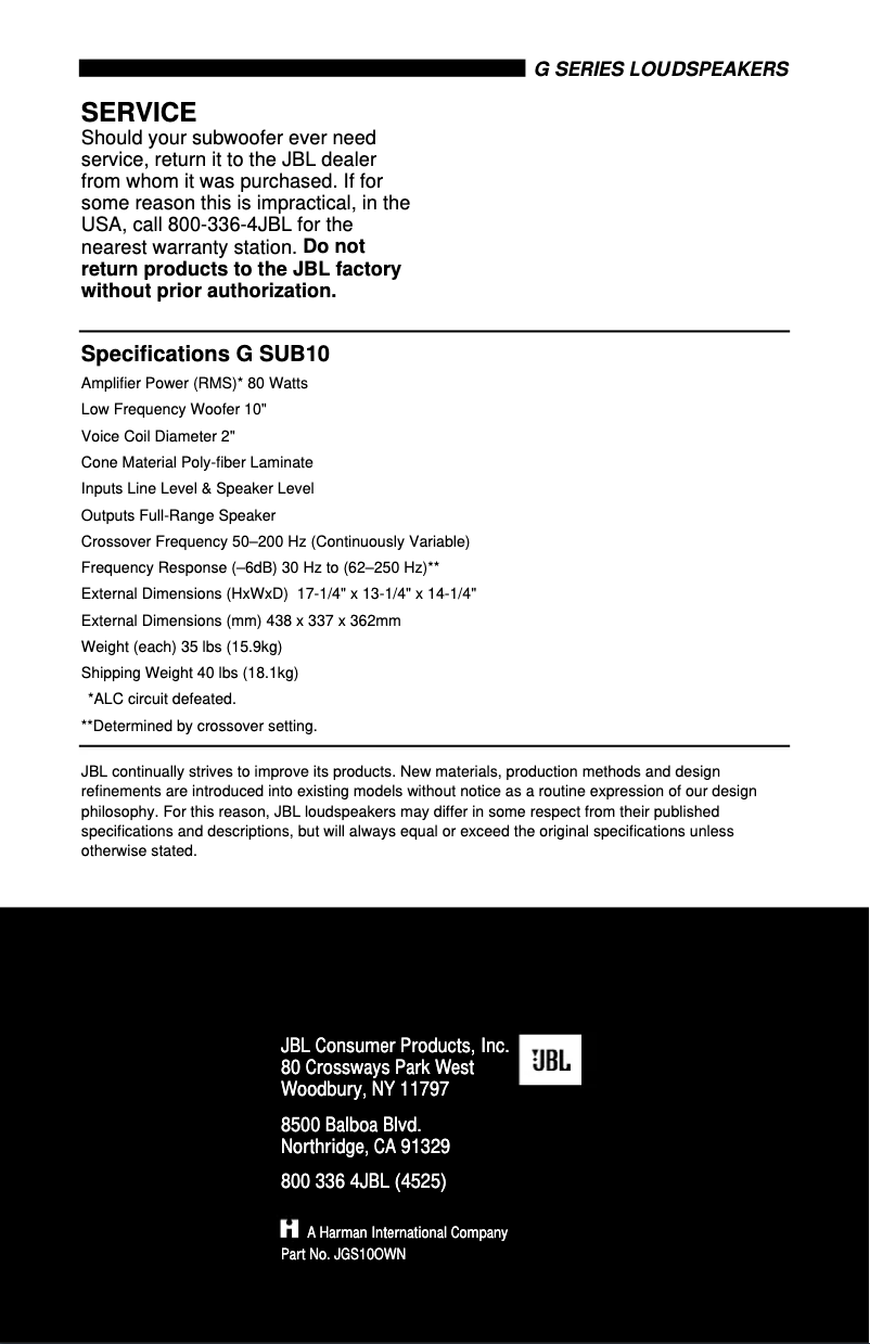 Page n°1 - Manuel utilisateur JBL G SUB 10