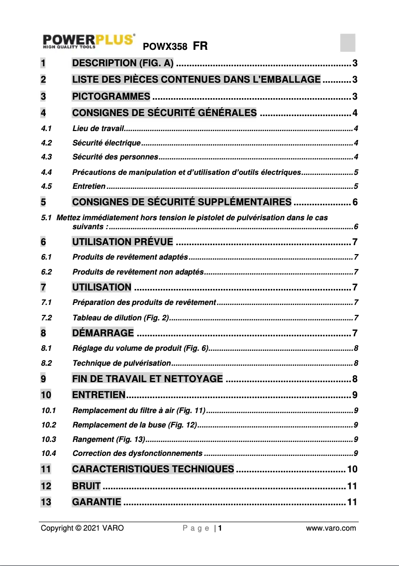 Page 1 de la notice Manuel utilisateur PowerPlus POWX358
