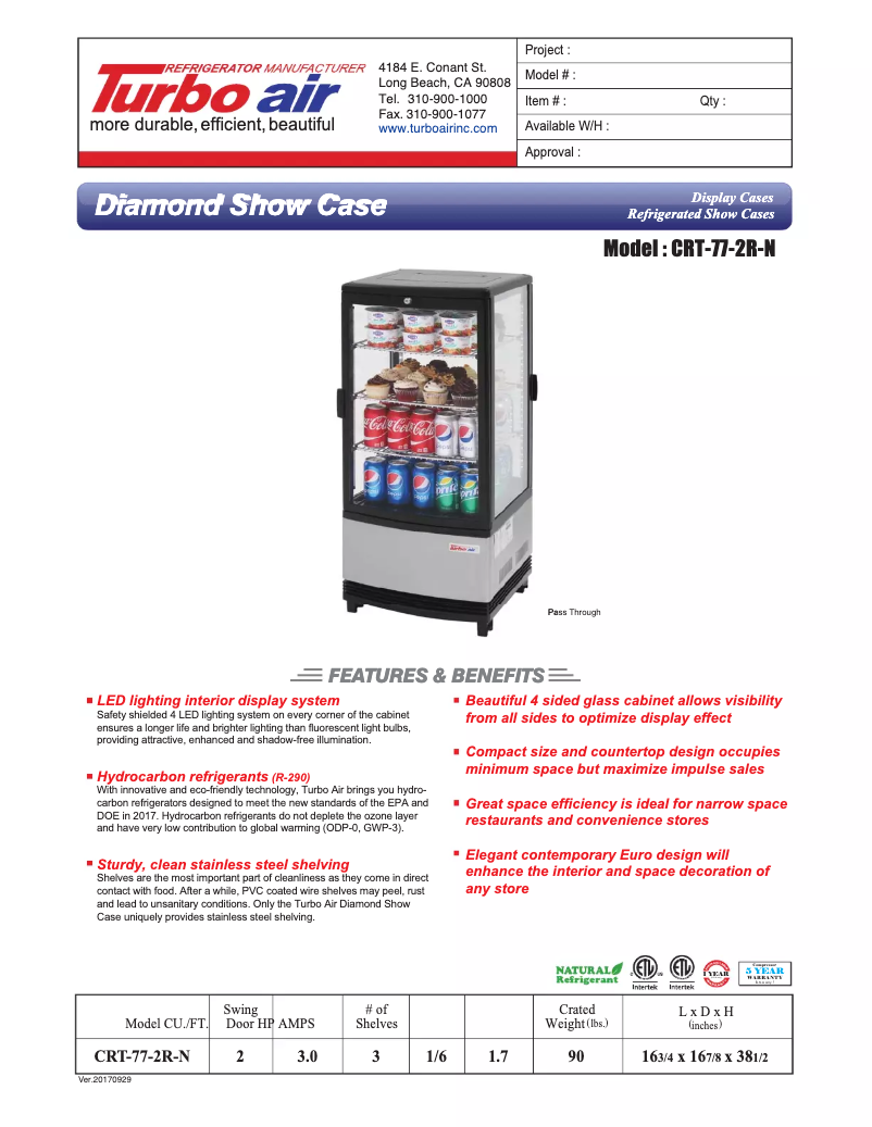 Página 1 del manual Ficha técnica Turbo air CRT-77-2R