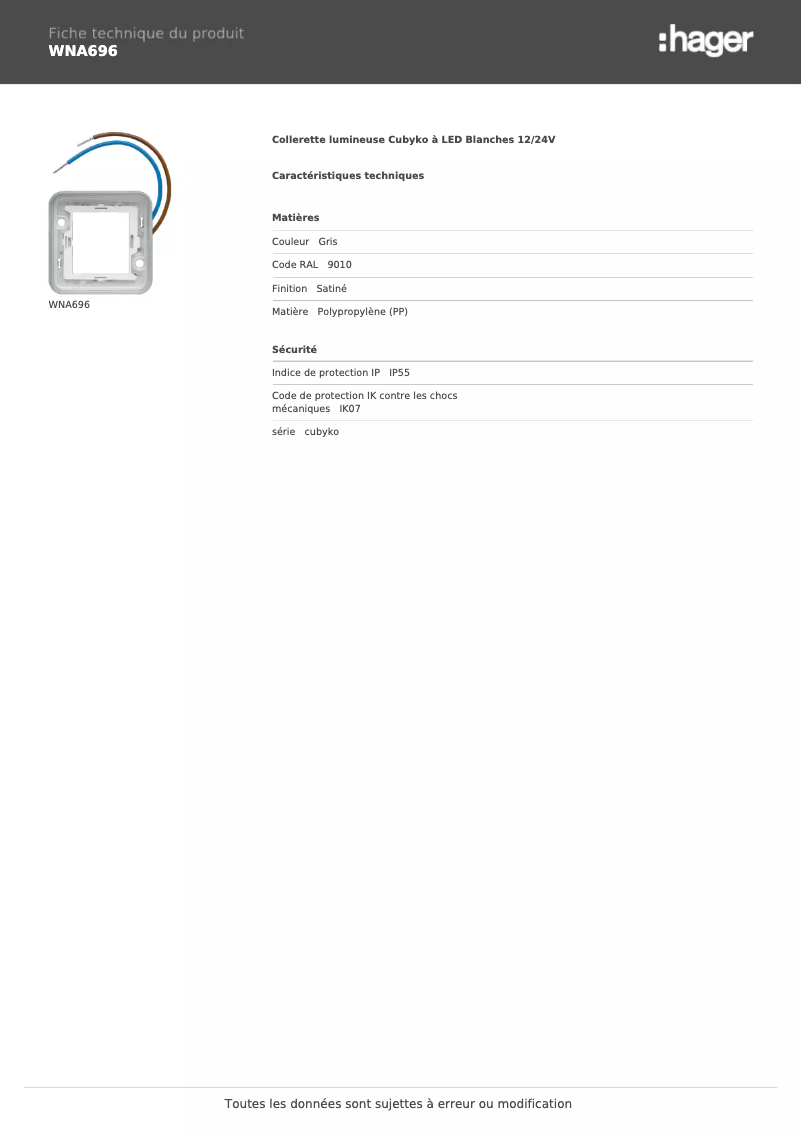 Page 1 de la notice Fiche technique Hager WNA696
