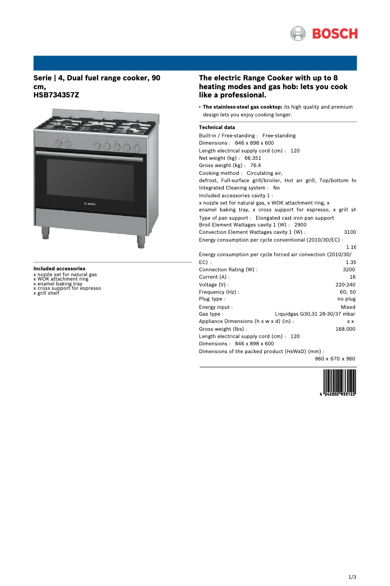 Page 1 de la notice Fiche technique Bosch HSB734357Z