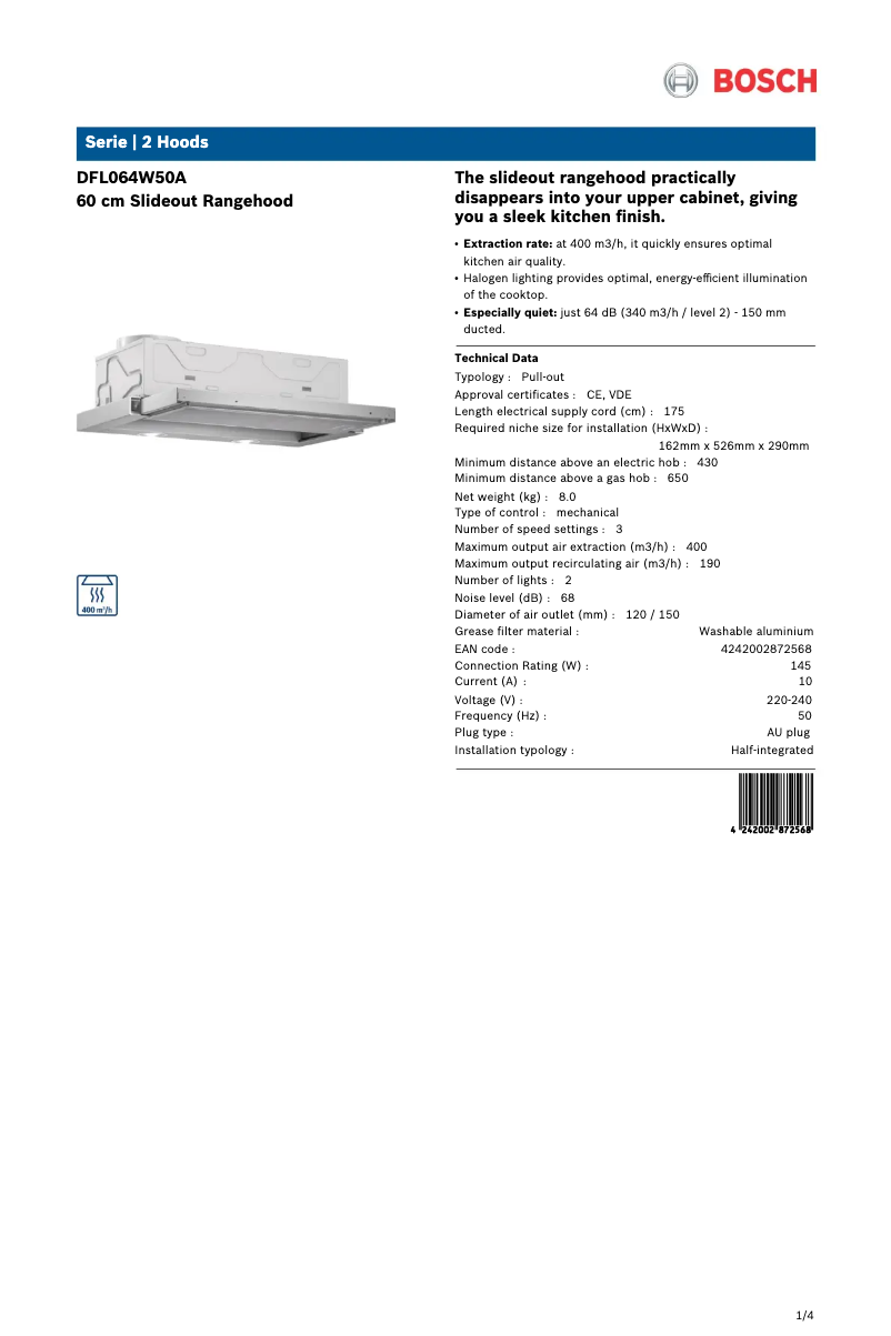Page 1 de la notice Fiche technique Bosch DFL064W50A