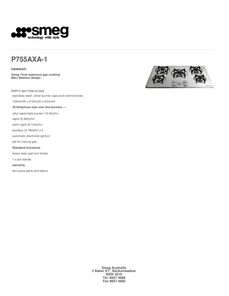 Page 1 de la notice Fiche technique Smeg P755AXA-1